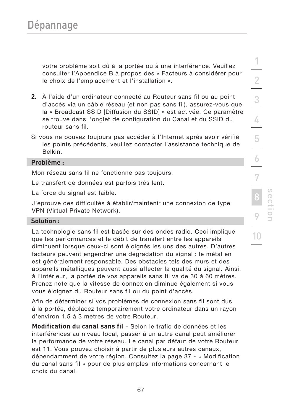 Dépannage | Belkin F5D9630UK4A User Manual | Page 161 / 552