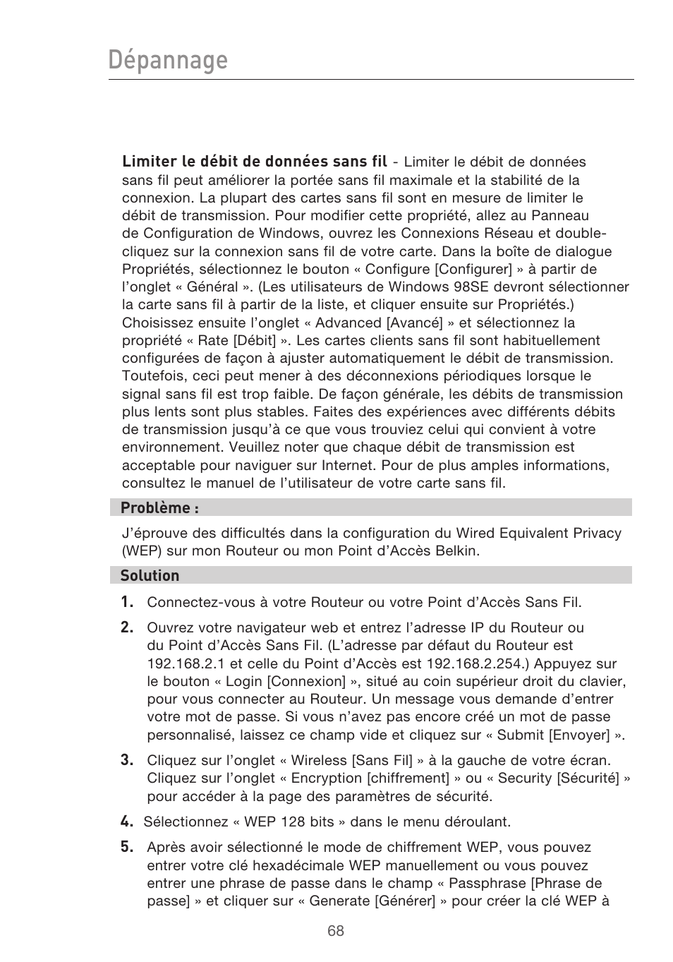 Dépannage | Belkin F5D9630UK4A User Manual | Page 162 / 552