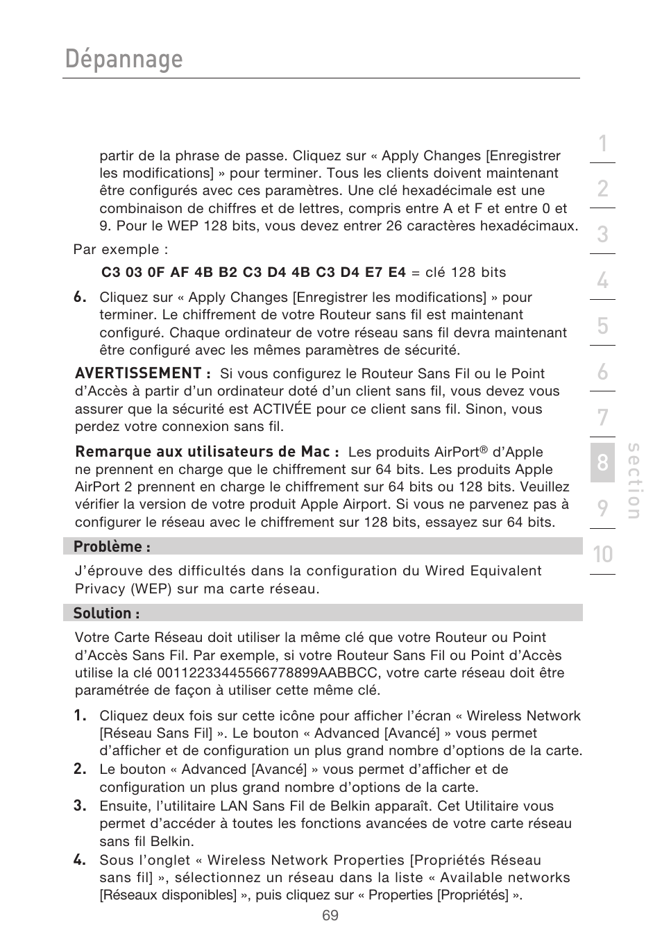 Dépannage, Se ct io n | Belkin F5D9630UK4A User Manual | Page 163 / 552