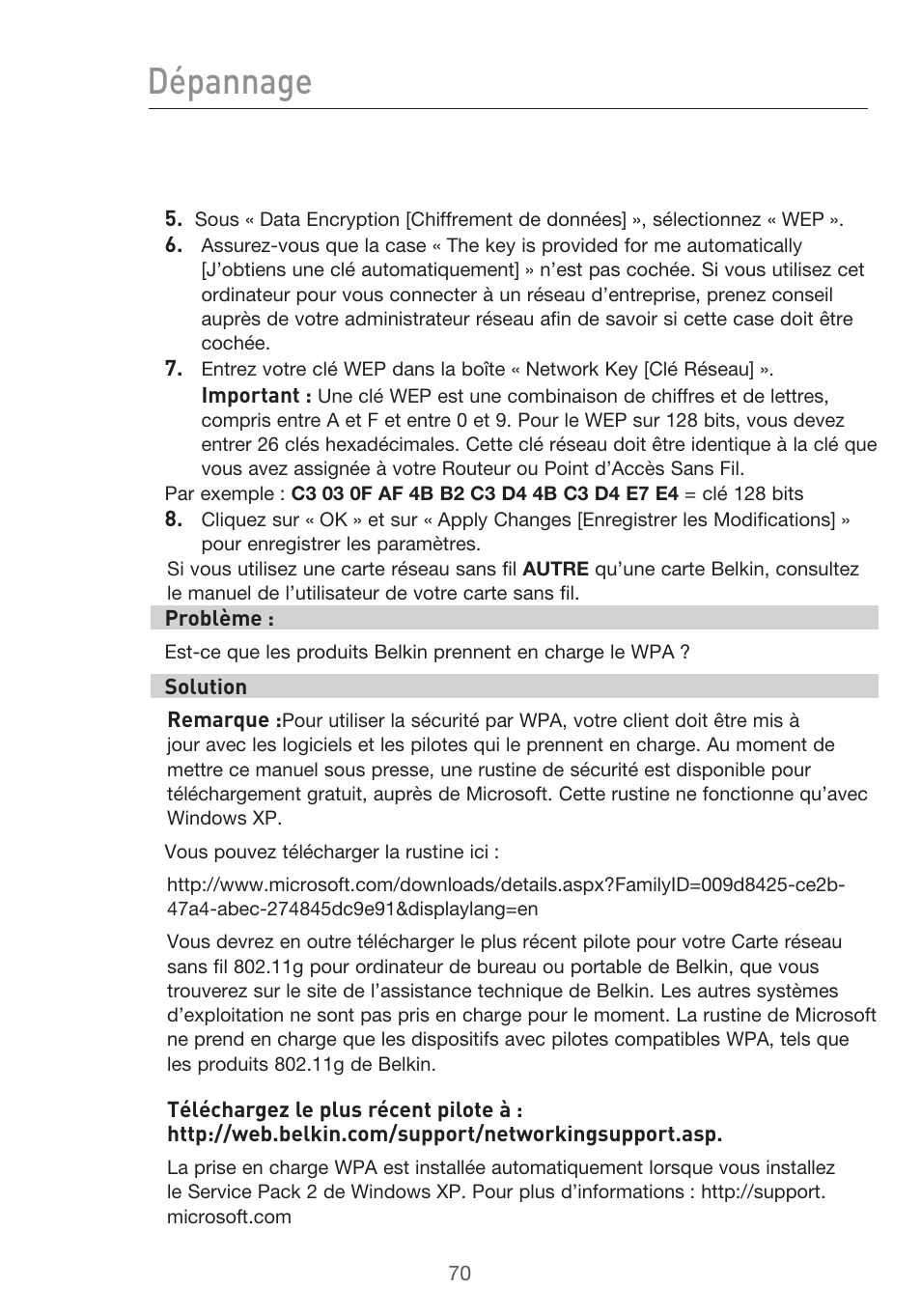 Dépannage | Belkin F5D9630UK4A User Manual | Page 164 / 552