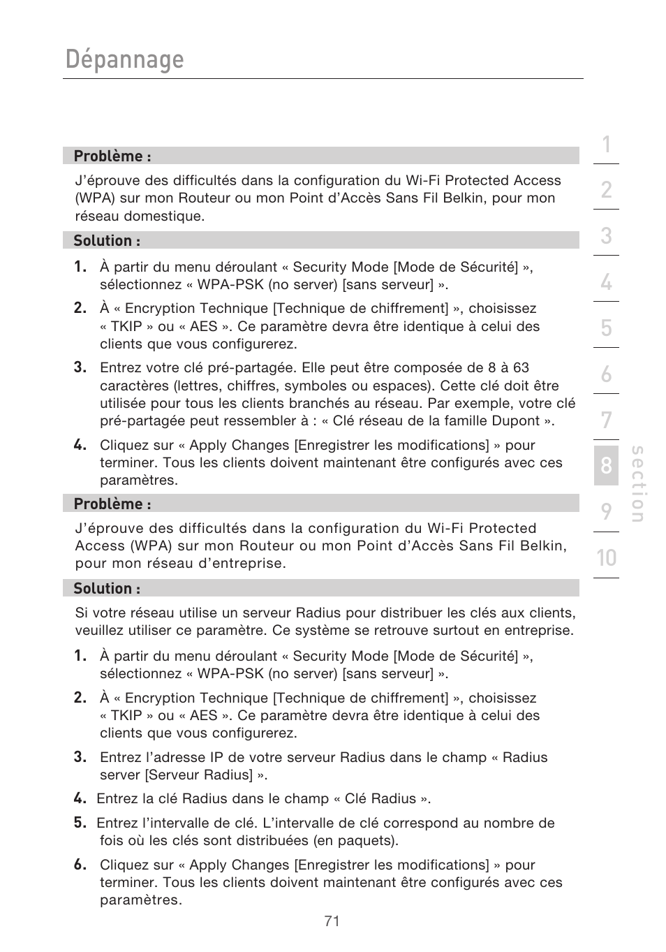 Dépannage, Se ct io n | Belkin F5D9630UK4A User Manual | Page 165 / 552