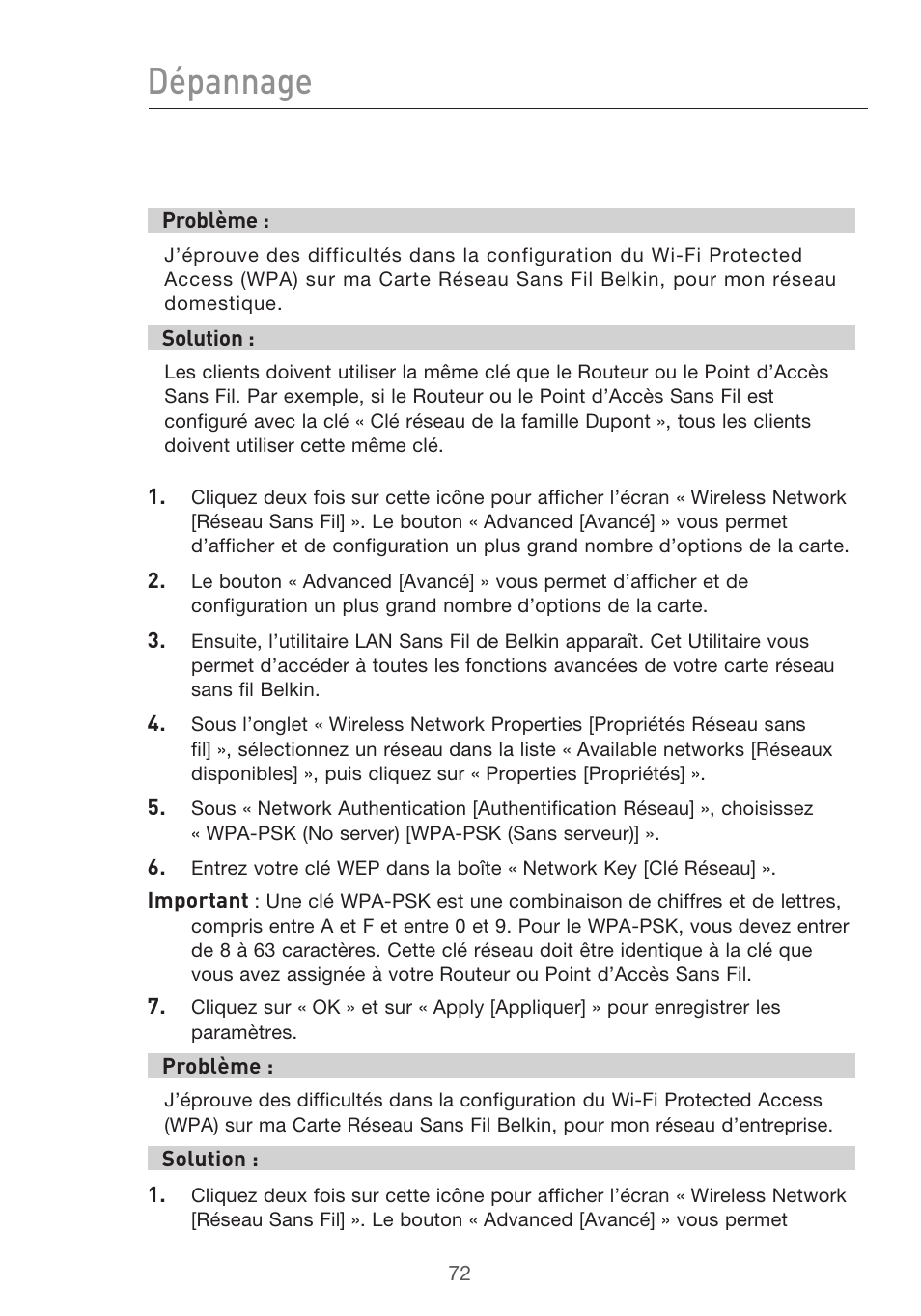 Dépannage | Belkin F5D9630UK4A User Manual | Page 166 / 552