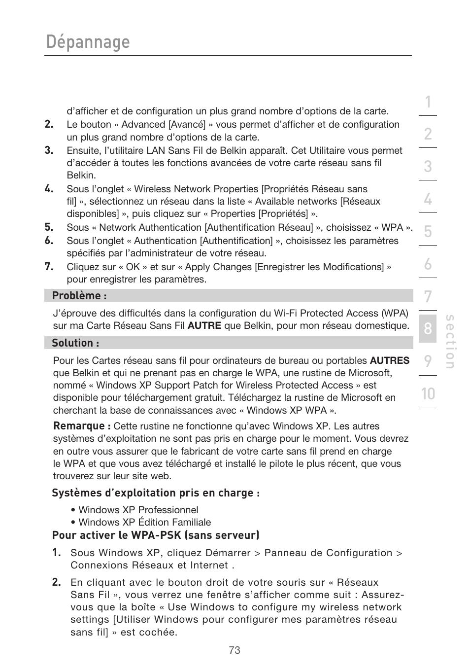 Dépannage, Se ct io n | Belkin F5D9630UK4A User Manual | Page 167 / 552