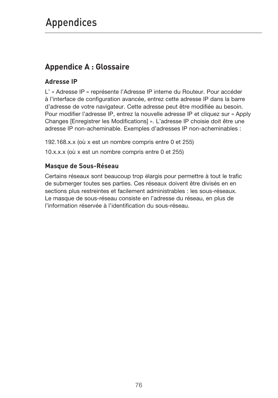 Appendices, Appendice a : glossaire | Belkin F5D9630UK4A User Manual | Page 170 / 552