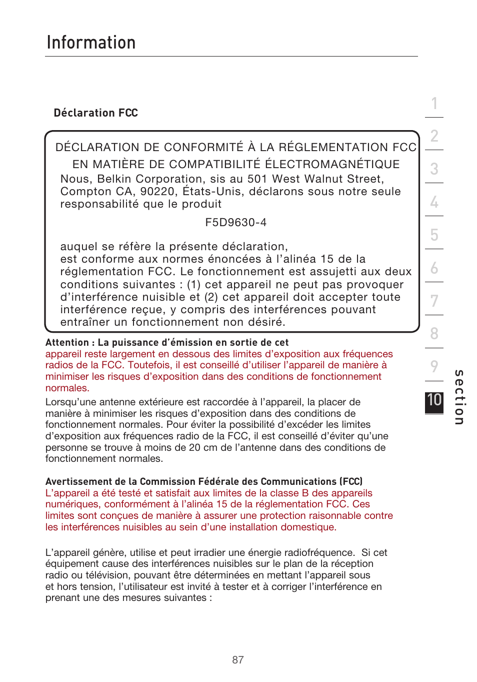 Information, Se ct io n | Belkin F5D9630UK4A User Manual | Page 181 / 552