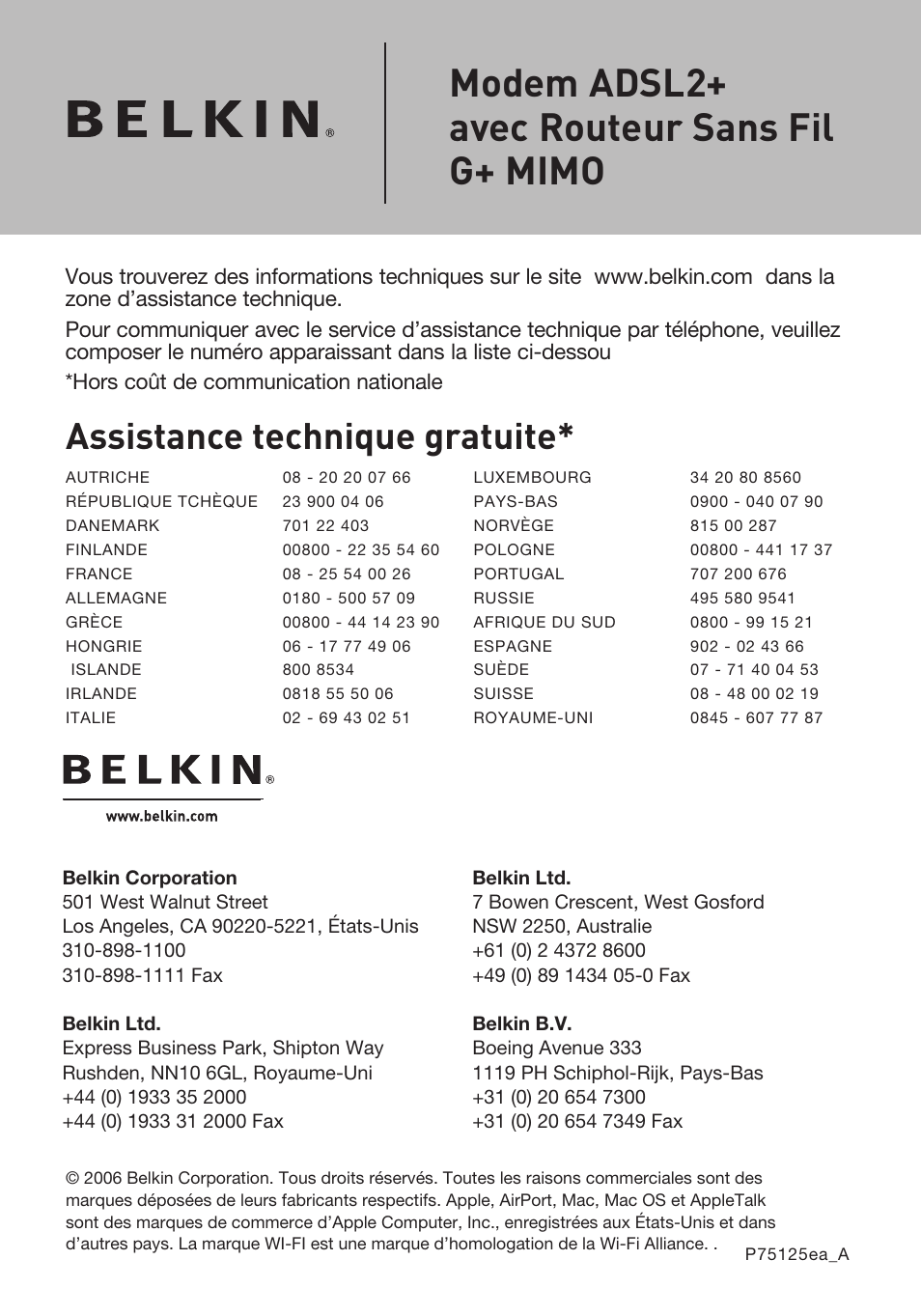 Modem adsl2+ avec routeur sans fil g+ mimo, Assistance technique gratuite | Belkin F5D9630UK4A User Manual | Page 184 / 552