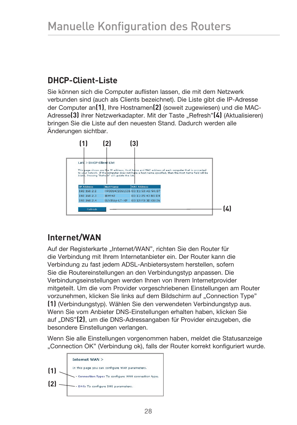 Manuelle konfiguration des routers, Dhcp-client-liste, Internet/wan | Belkin F5D9630UK4A User Manual | Page 214 / 552