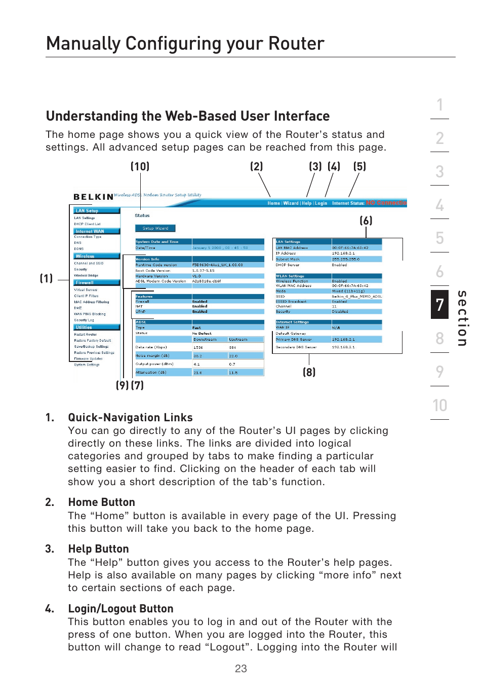 Manually configuring your router, Configuring your router with the setup wizard, Se ct io n | Belkin F5D9630UK4A User Manual | Page 25 / 552