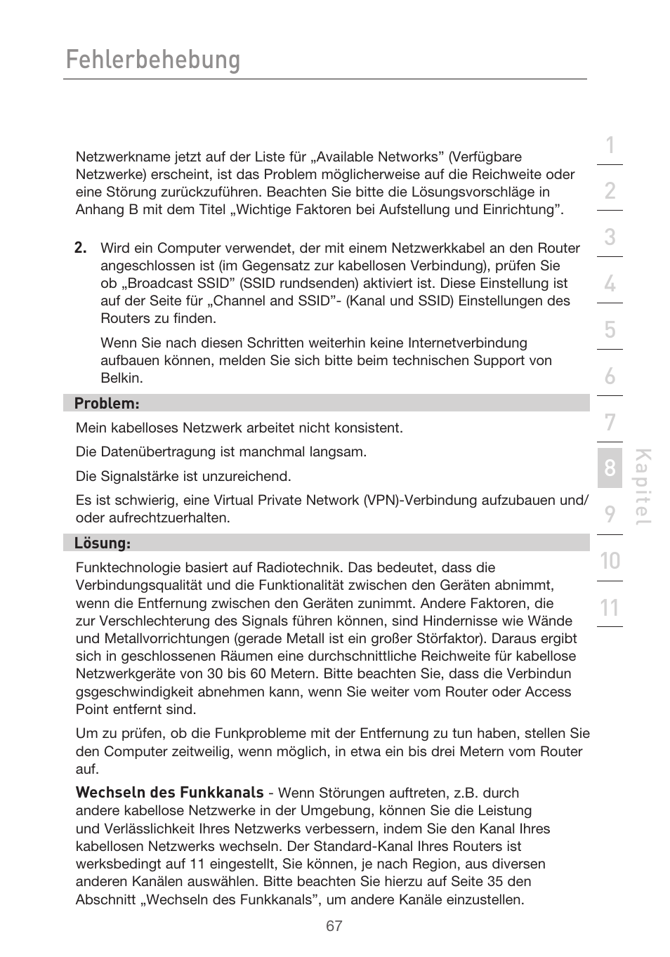 Fehlerbehebung | Belkin F5D9630UK4A User Manual | Page 253 / 552