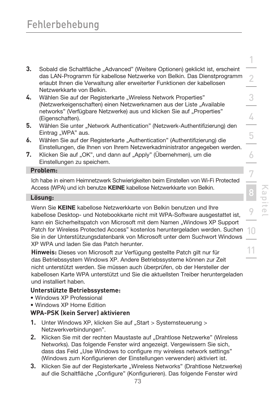 Fehlerbehebung, Kap ite l | Belkin F5D9630UK4A User Manual | Page 259 / 552