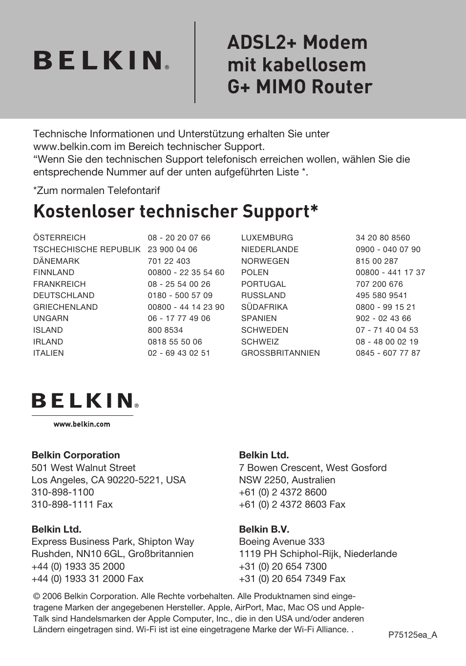 Adsl2+ modem mit kabellosem g+ mimo router, Kostenloser technischer support | Belkin F5D9630UK4A User Manual | Page 276 / 552