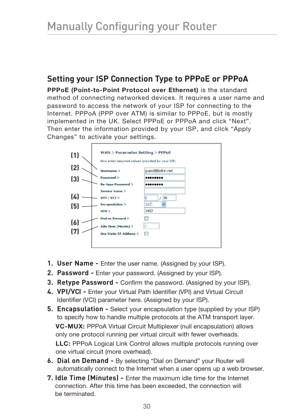 Manually configuring your router, Setting your isp connection type to pppoe or pppoa | Belkin F5D9630UK4A User Manual | Page 32 / 552