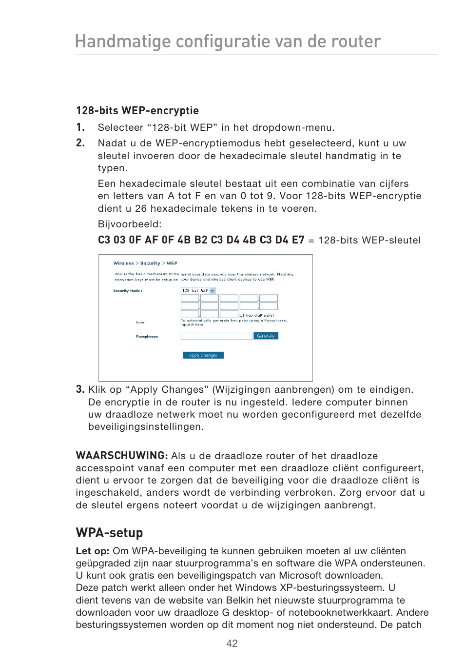 Handmatige configuratie van de router, Wpa-setup | Belkin F5D9630UK4A User Manual | Page 320 / 552