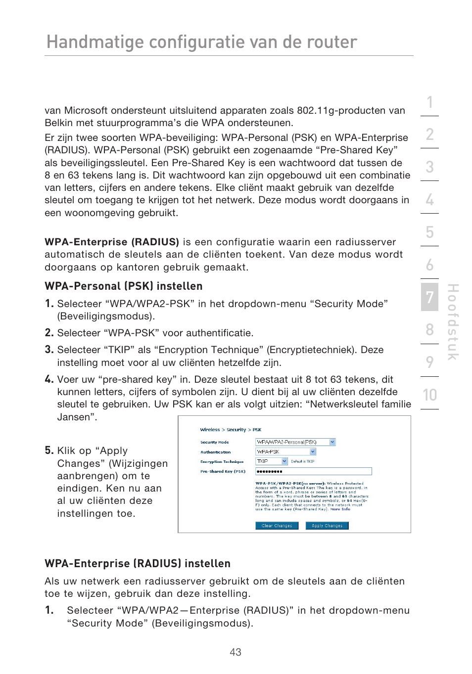 Handmatige configuratie van de router | Belkin F5D9630UK4A User Manual | Page 321 / 552