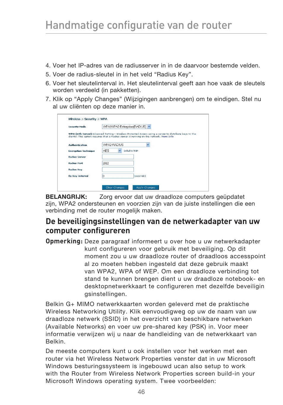 Handmatige configuratie van de router | Belkin F5D9630UK4A User Manual | Page 324 / 552