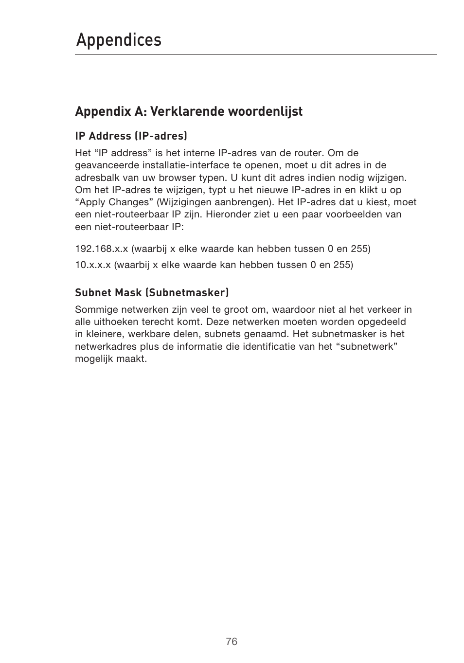 Appendices, Appendix a: verklarende woordenlijst | Belkin F5D9630UK4A User Manual | Page 354 / 552