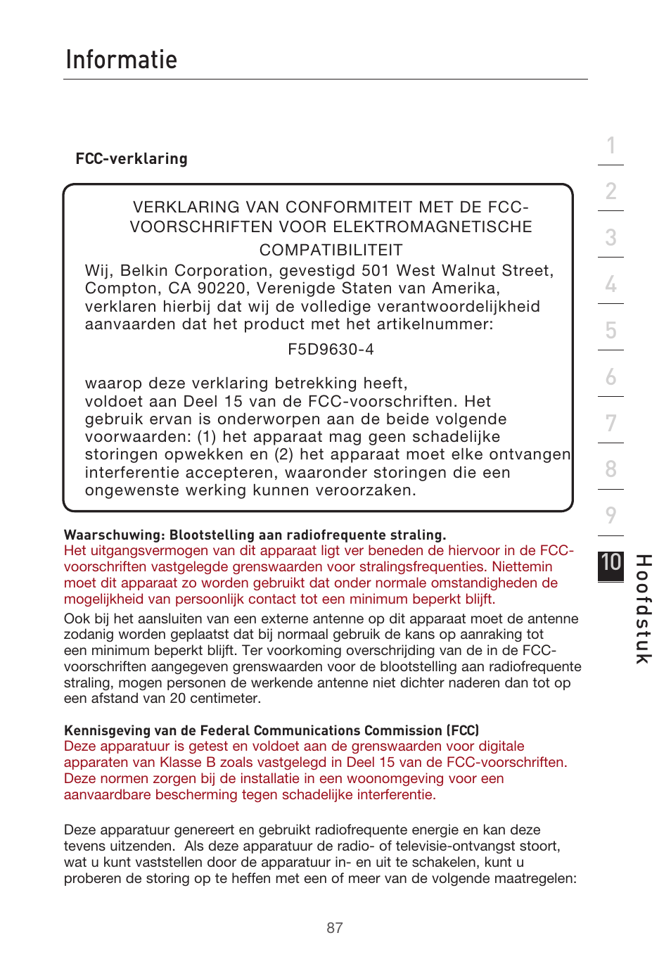 Informatie, Hoo fd st u k | Belkin F5D9630UK4A User Manual | Page 365 / 552