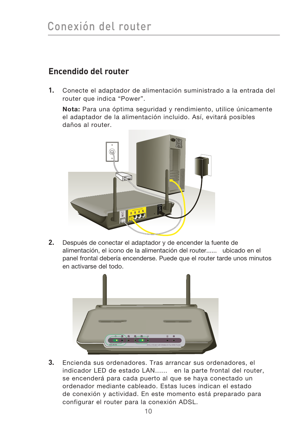 Conexión del router, Encendido del router | Belkin F5D9630UK4A User Manual | Page 380 / 552