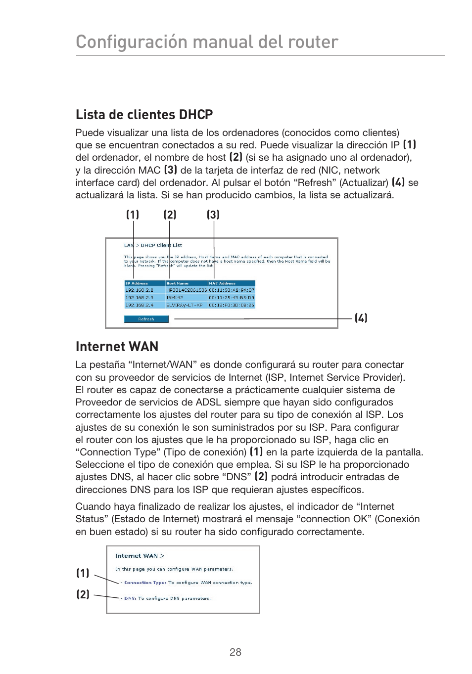 Configuración manual del router, Lista de clientes dhcp, Internet wan | Belkin F5D9630UK4A User Manual | Page 398 / 552