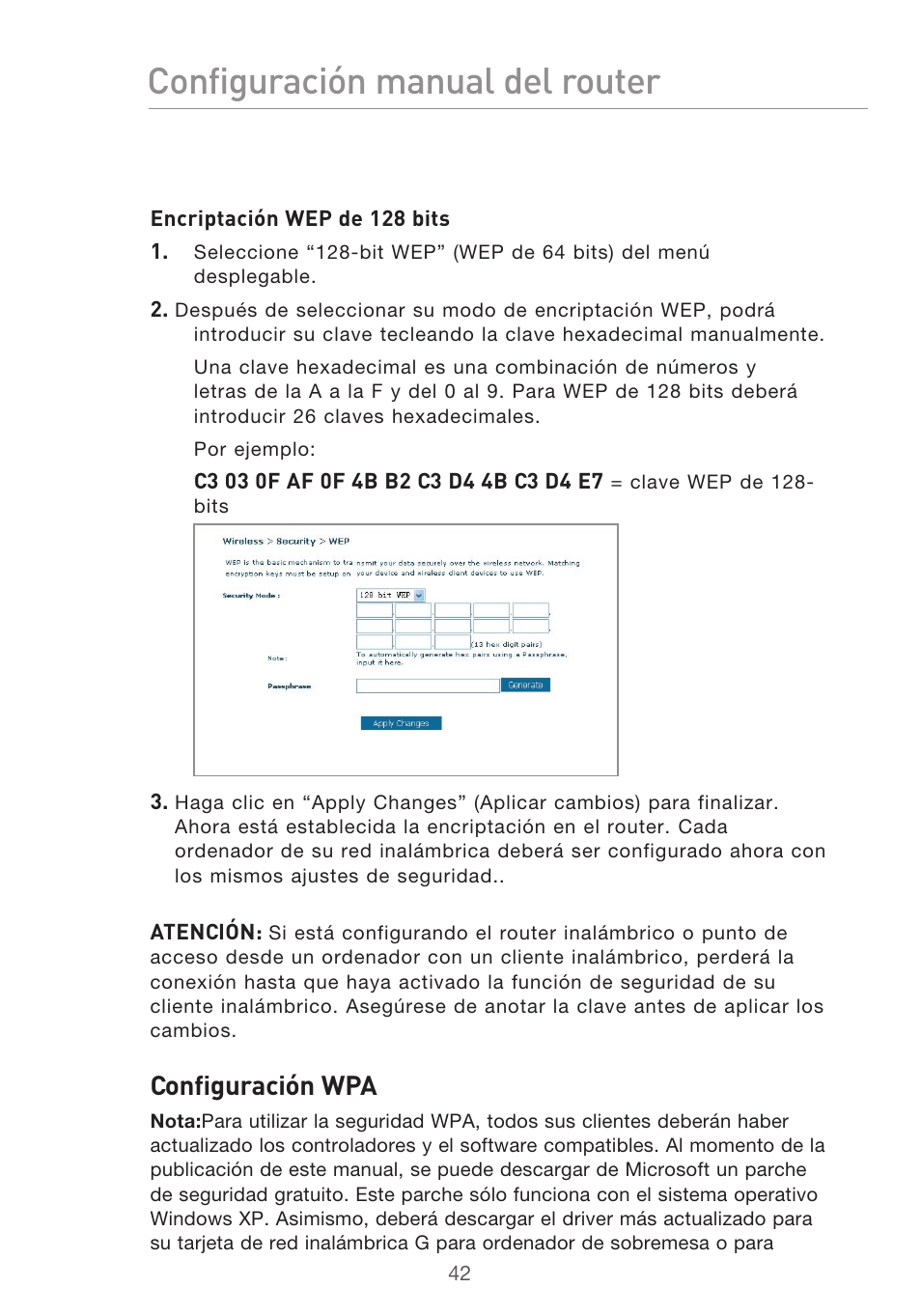 Configuración manual del router, Configuración wpa | Belkin F5D9630UK4A User Manual | Page 412 / 552