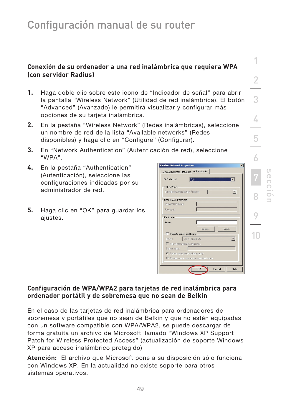 Configuración manual del router, Se cc ió n | Belkin F5D9630UK4A User Manual | Page 419 / 552