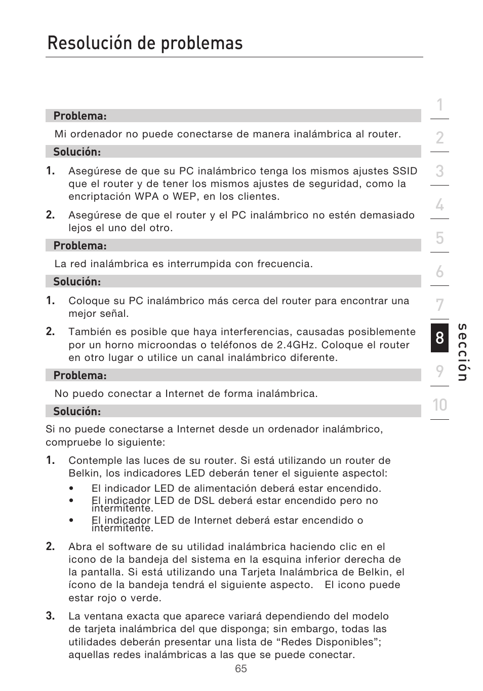 Resolución de problemas, Se cc ió n | Belkin F5D9630UK4A User Manual | Page 435 / 552