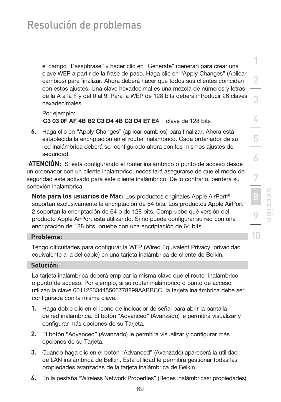 Resolución de problemas, Se cc ió n | Belkin F5D9630UK4A User Manual | Page 439 / 552