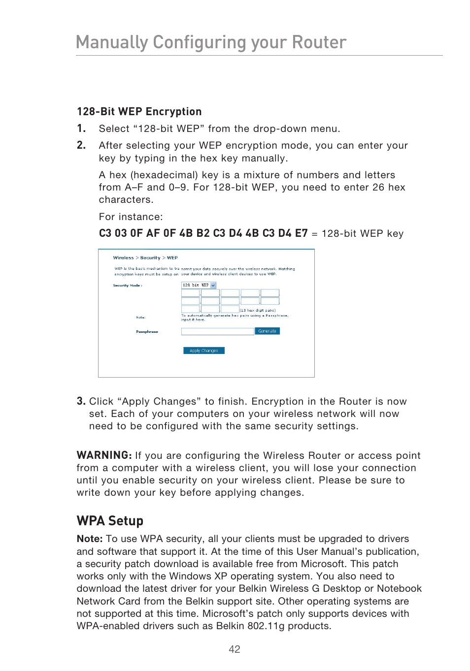 Manually configuring your router, Wpa setup | Belkin F5D9630UK4A User Manual | Page 44 / 552