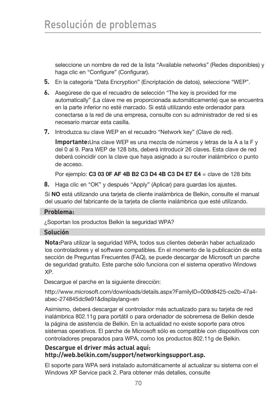 Resolución de problemas | Belkin F5D9630UK4A User Manual | Page 440 / 552