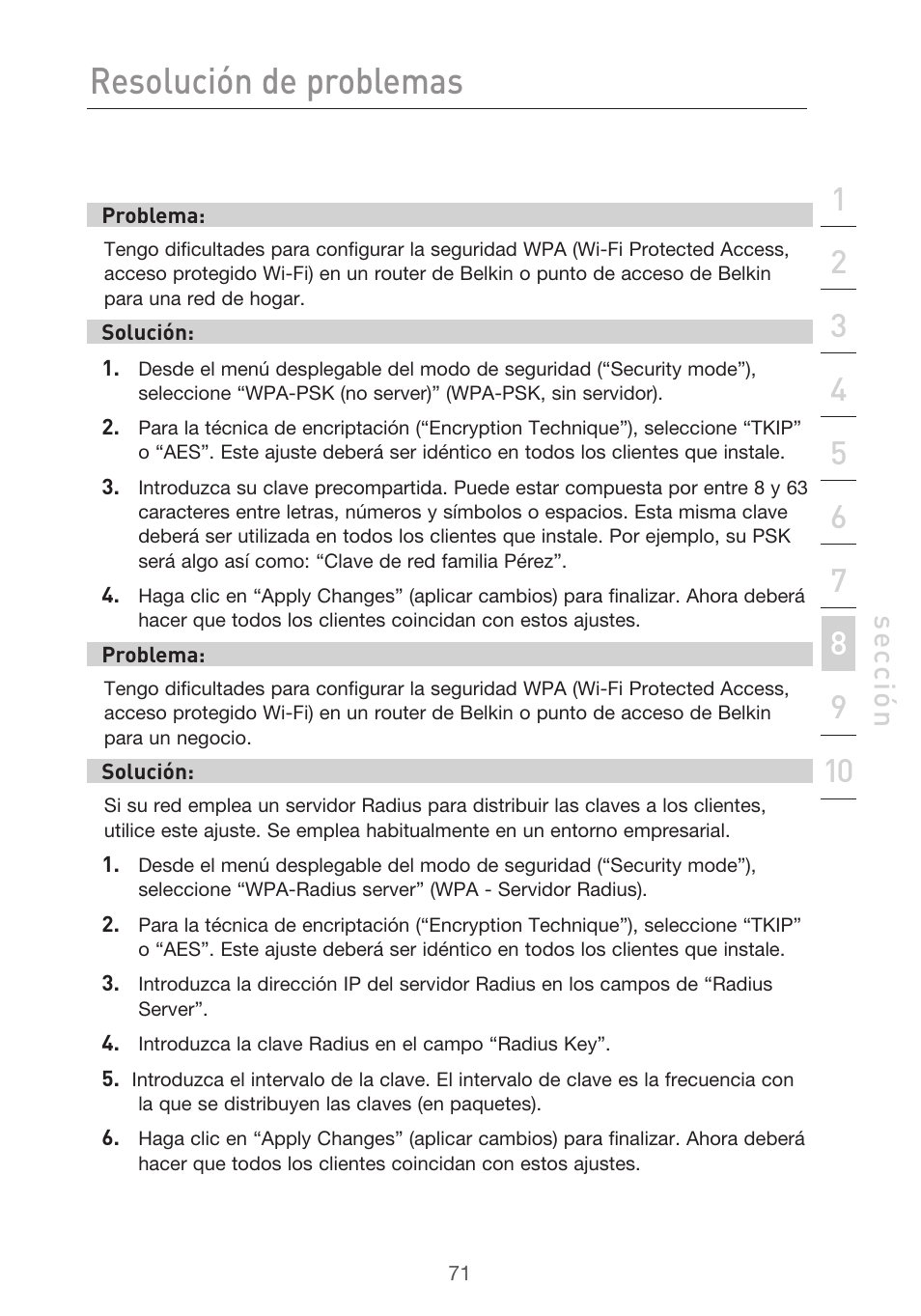 Resolución de problemas, Se cc ió n | Belkin F5D9630UK4A User Manual | Page 441 / 552