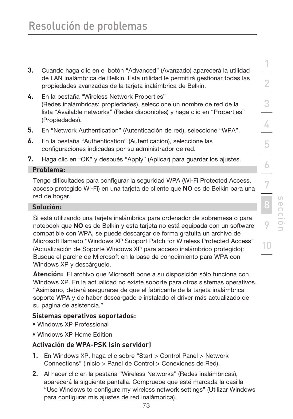 Resolución de problemas, Se cc ió n | Belkin F5D9630UK4A User Manual | Page 443 / 552