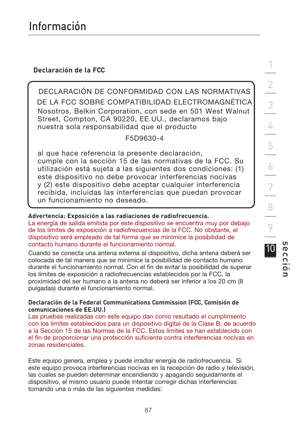 Información, Se cc ió n | Belkin F5D9630UK4A User Manual | Page 457 / 552