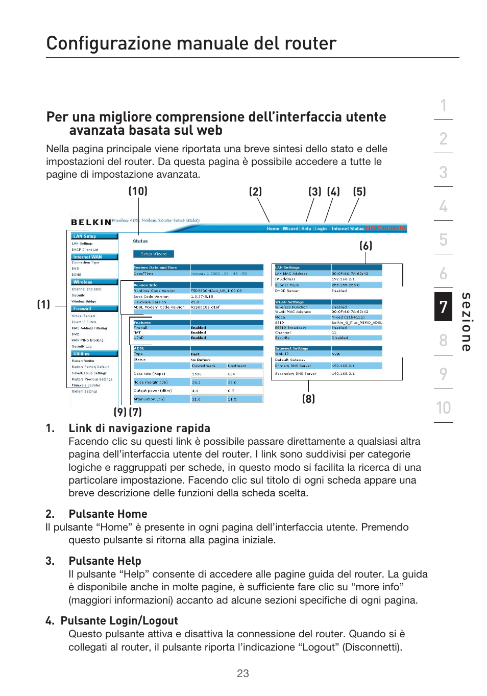 Configurazione manuale del router, Se zio n e | Belkin F5D9630UK4A User Manual | Page 485 / 552