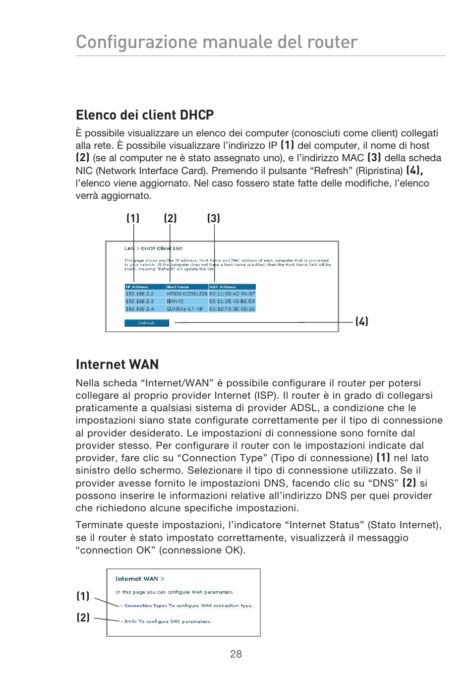 Configurazione manuale del router, Elenco dei client dhcp, Internet wan | Belkin F5D9630UK4A User Manual | Page 490 / 552