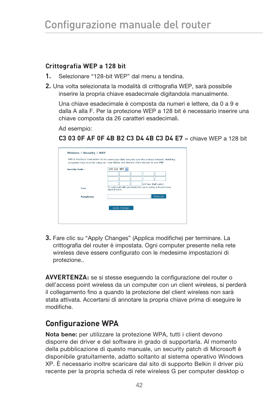 Configurazione manuale del router, Configurazione wpa | Belkin F5D9630UK4A User Manual | Page 504 / 552