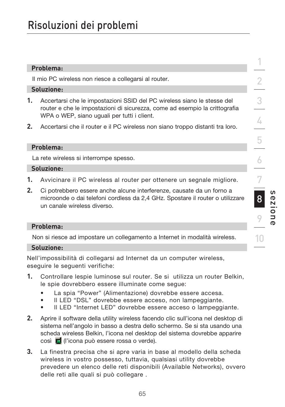 Risoluzioni dei problemi, Se zio n e | Belkin F5D9630UK4A User Manual | Page 527 / 552