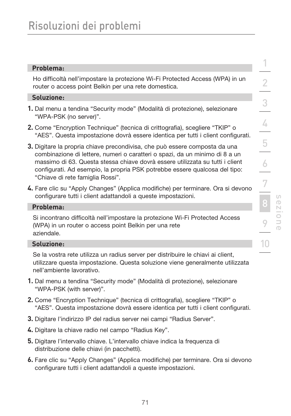 Risoluzioni dei problemi, Se zio n e | Belkin F5D9630UK4A User Manual | Page 533 / 552