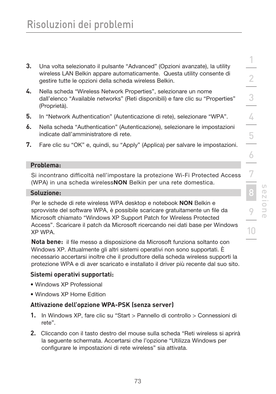 Risoluzioni dei problemi, Se zio n e | Belkin F5D9630UK4A User Manual | Page 535 / 552