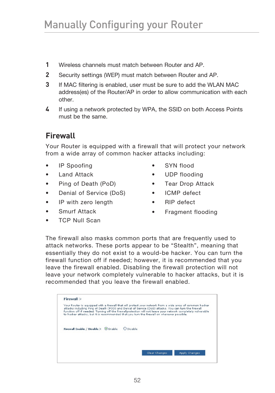 Manually configuring your router, Firewall | Belkin F5D9630UK4A User Manual | Page 54 / 552