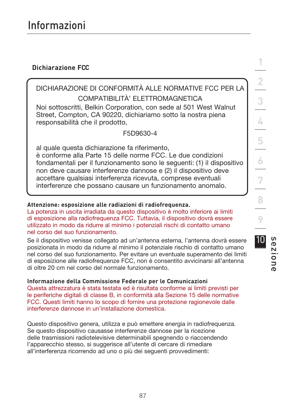 Informazioni, Se zio n e | Belkin F5D9630UK4A User Manual | Page 549 / 552