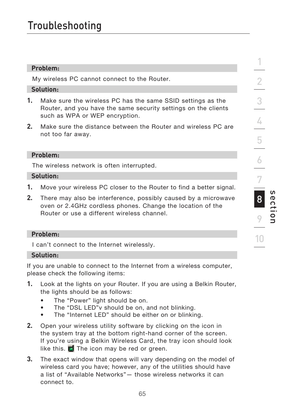 Troubleshooting, Se ct io n | Belkin F5D9630UK4A User Manual | Page 67 / 552