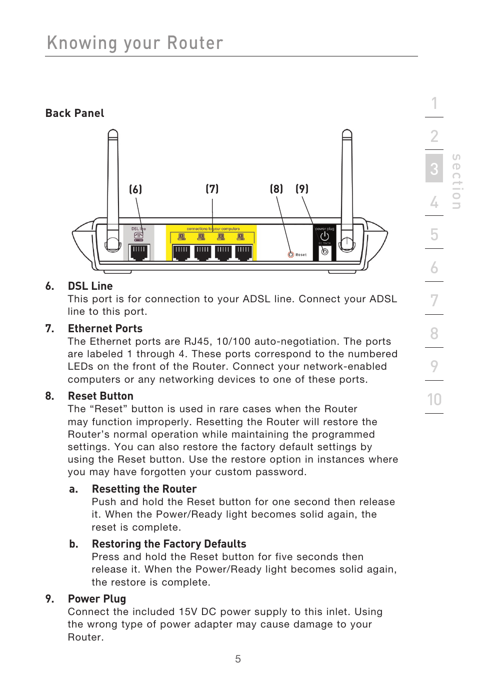 Knowing your router, Se ct io n | Belkin F5D9630UK4A User Manual | Page 7 / 552