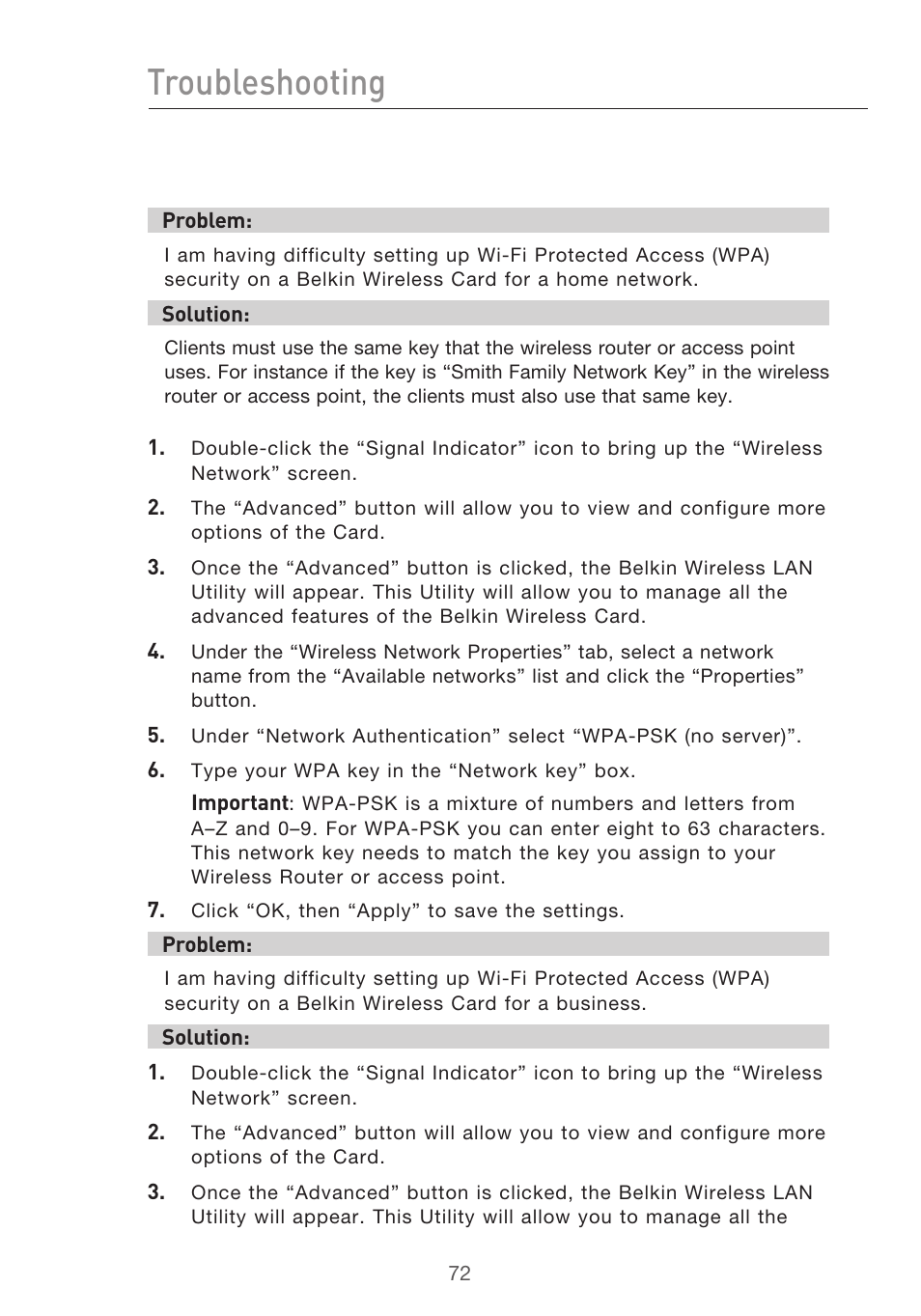 Troubleshooting | Belkin F5D9630UK4A User Manual | Page 74 / 552