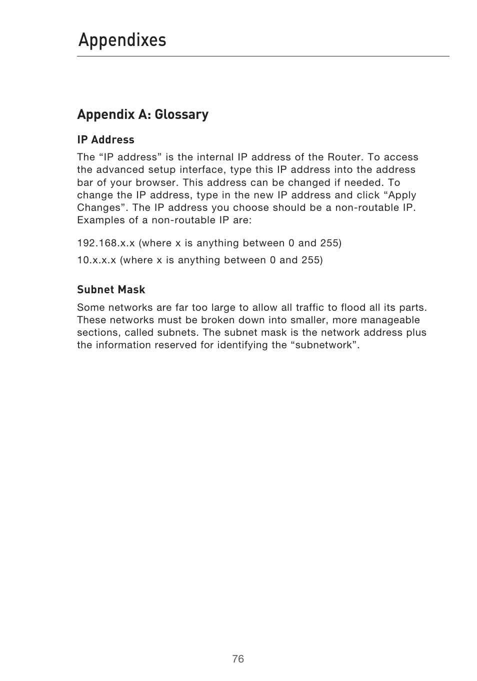 Appendixes, Appendix a: glossary | Belkin F5D9630UK4A User Manual | Page 78 / 552