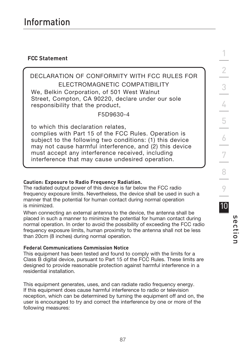 Information, Se ct io n | Belkin F5D9630UK4A User Manual | Page 89 / 552