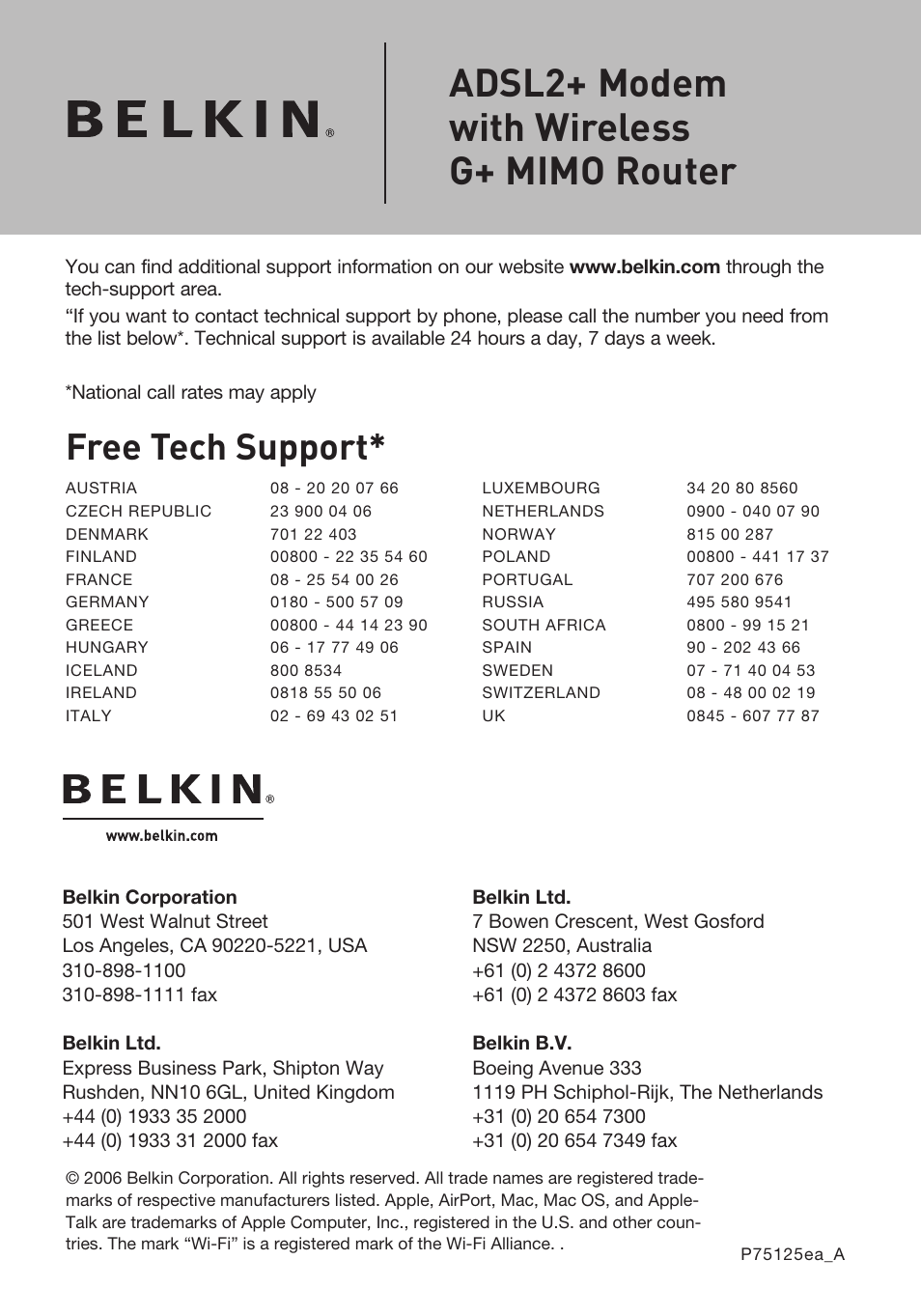 Adsl2+ modem with wireless g+ mimo router, Free tech support | Belkin F5D9630UK4A User Manual | Page 92 / 552