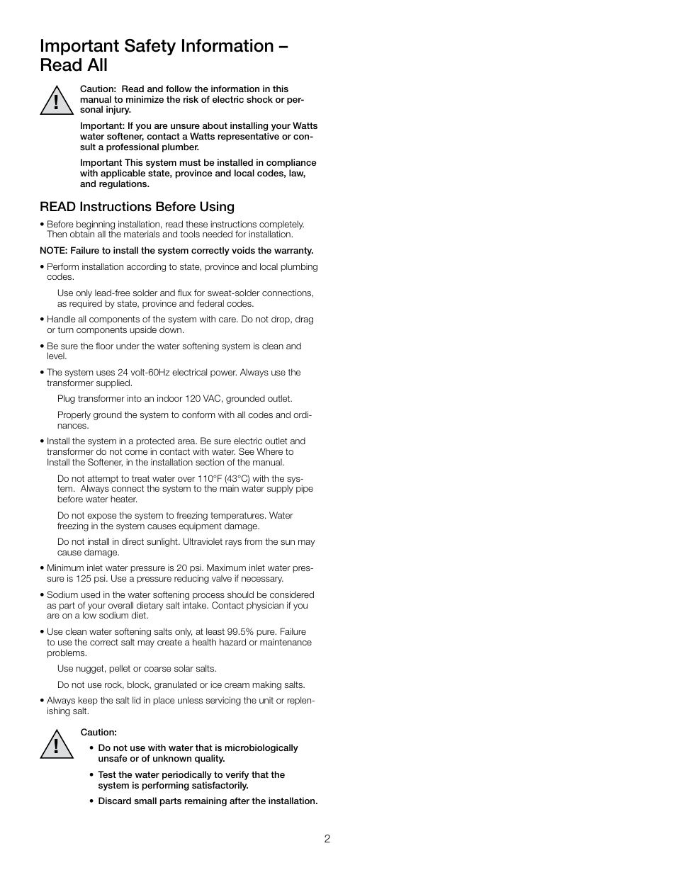 Important safety information – read all, Read instructions before using | Watts PWSPSE User Manual | Page 2 / 12