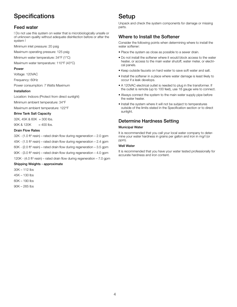 Specifications, Setup, Feed water | Where to install the softener, Determine hardness setting | Watts PWSPSE User Manual | Page 4 / 12