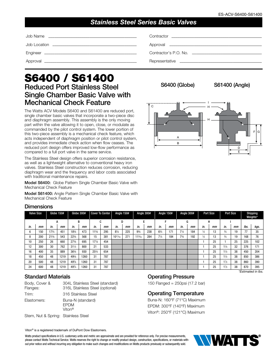 Watts S6400 / S61400 User Manual | 2 pages