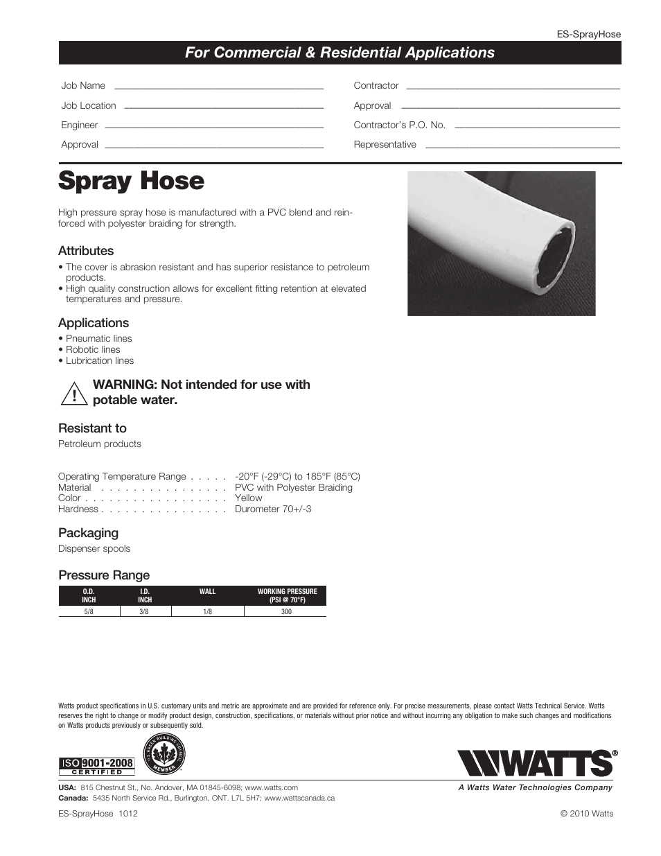 Watts Spray Hose - Reels User Manual | 1 page